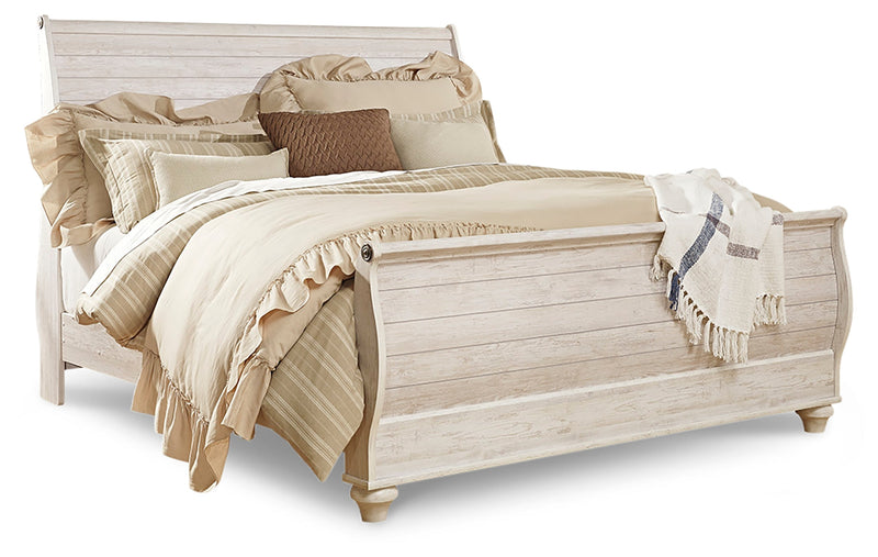 Willowton Whitewash King Sleigh Bed, Dresser, Mirror and Nightstand from Ashley - Luna Furniture