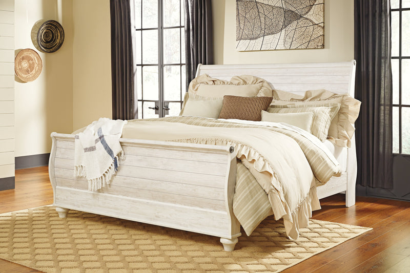 Willowton Whitewash King Sleigh Bed, Dresser, Mirror, Chest and Nightstand from Ashley - Luna Furniture