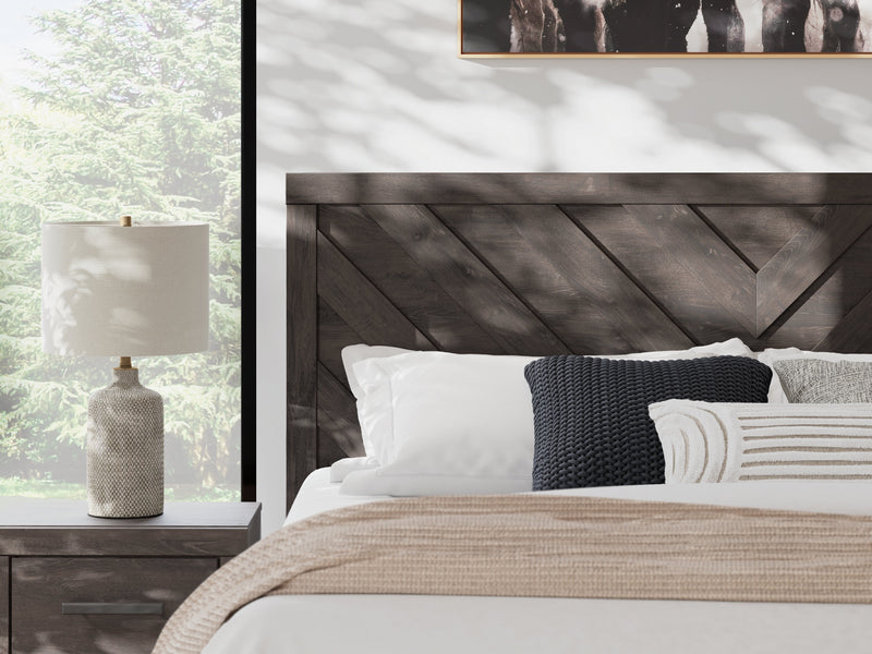 Prendonea Dark Charcoal King Panel Bed, Dresser, Mirror and Nightstand from Ashley - Luna Furniture