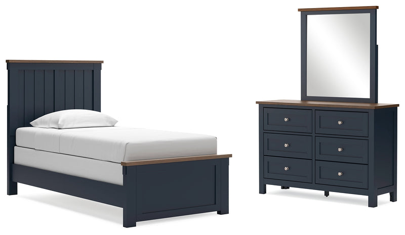 Landocken Twin Panel Bed, Dresser and Mirror in Brown/Blue from Ashley - Luna Furniture