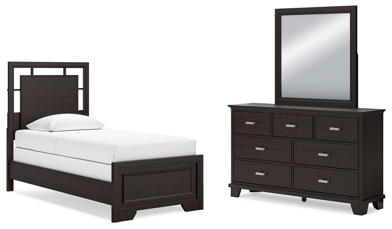 Covetown Dark Brown Twin Panel Bed with Mirrored Dresser from Ashley - Luna Furniture