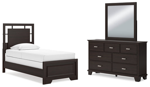 Covetown Dark Brown Twin Panel Bed with Mirrored Dresser from Ashley - Luna Furniture