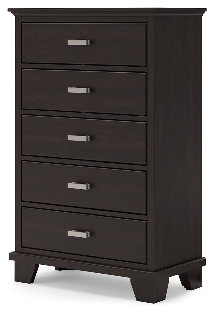 Covetown Dark Brown Queen Panel Bed, Dresser, Mirror, Chest and Nightstand from Ashley - Luna Furniture