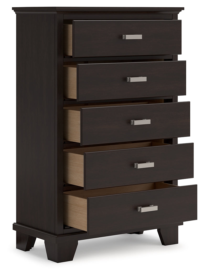 Covetown Dark Brown Queen Panel Bed, Dresser, Mirror, Chest and Nightstand from Ashley - Luna Furniture