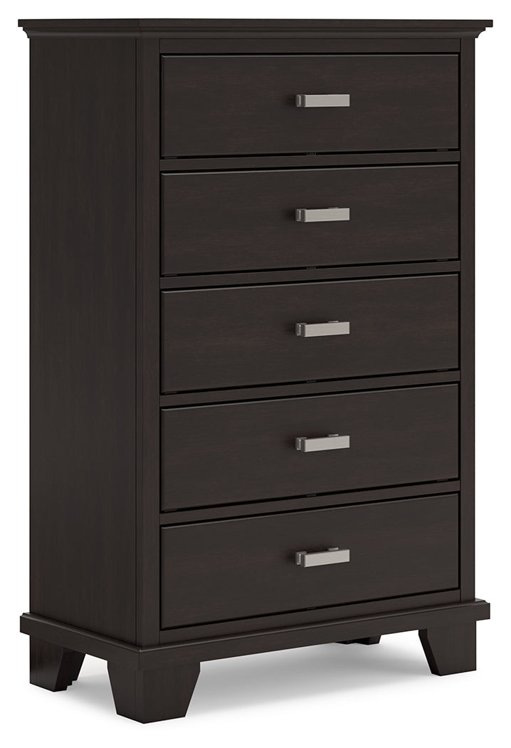 Covetown Dark Brown Queen Panel Bed, Dresser, Mirror, Chest and Nightstand from Ashley - Luna Furniture