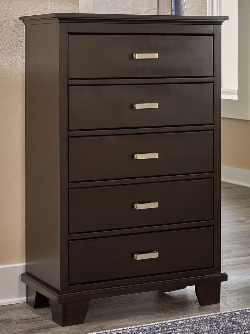 Covetown Dark Brown Queen Panel Bed, Dresser, Mirror, Chest and Nightstand from Ashley - Luna Furniture