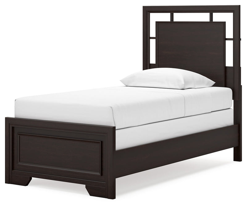 Covetown Dark Brown Twin Panel Bed with Mirrored Dresser from Ashley - Luna Furniture