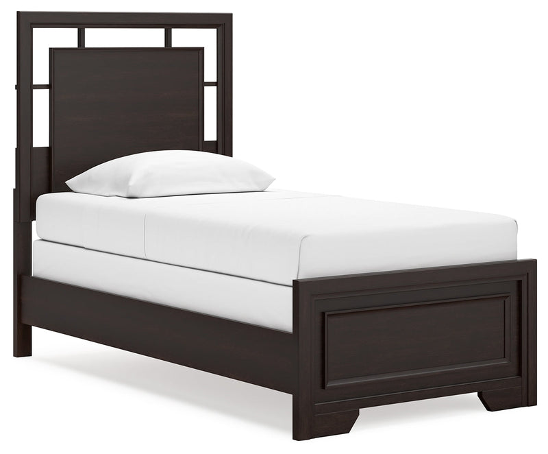 Covetown Dark Brown Twin Panel Bed with Mirrored Dresser from Ashley - Luna Furniture