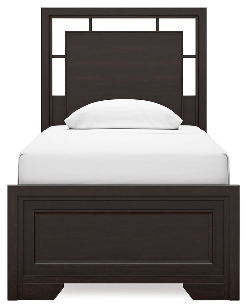 Covetown Dark Brown Twin Panel Bed with Mirrored Dresser from Ashley - Luna Furniture