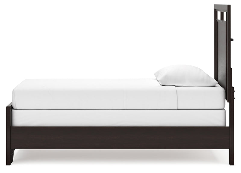 Covetown Dark Brown Twin Panel Bed with Mirrored Dresser from Ashley - Luna Furniture