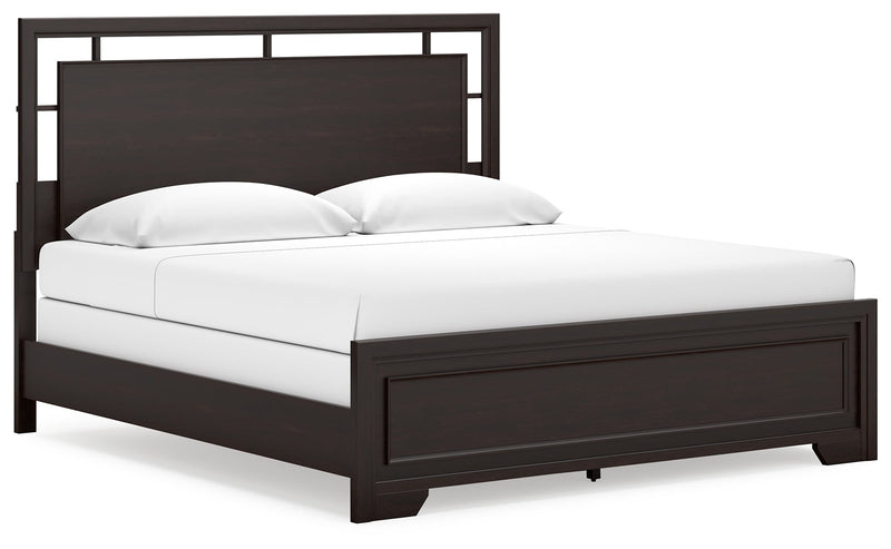 Covetown Dark Brown King Panel Bed with Mirrored Dresser from Ashley - Luna Furniture