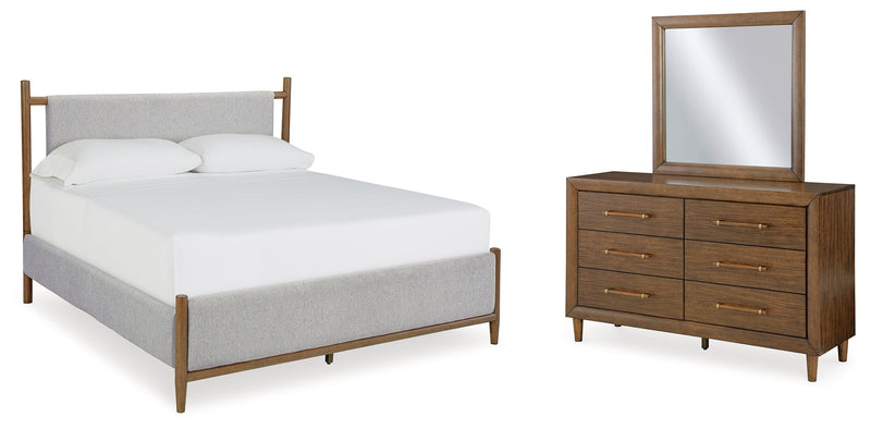 Lyncott Brown Queen Upholstered Bed with Mirrored Dresser from Ashley - Luna Furniture