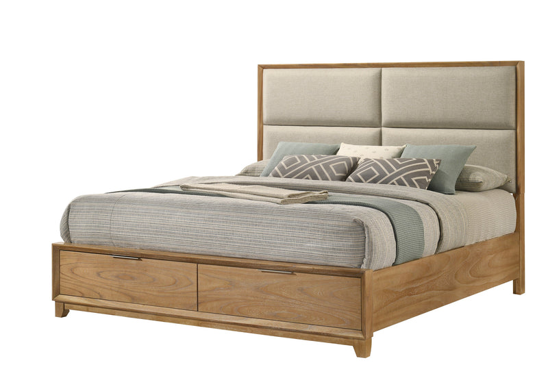 Florian Natural Wood Upholstered Queen Storage Platform Bed from Crown Mark - Luna Furniture
