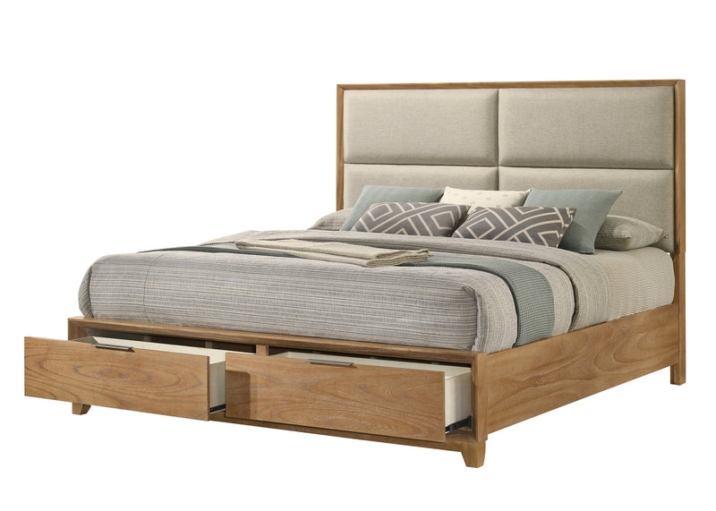 Florian Natural Wood Upholstered Queen Storage Platform Bed from Crown Mark - Luna Furniture