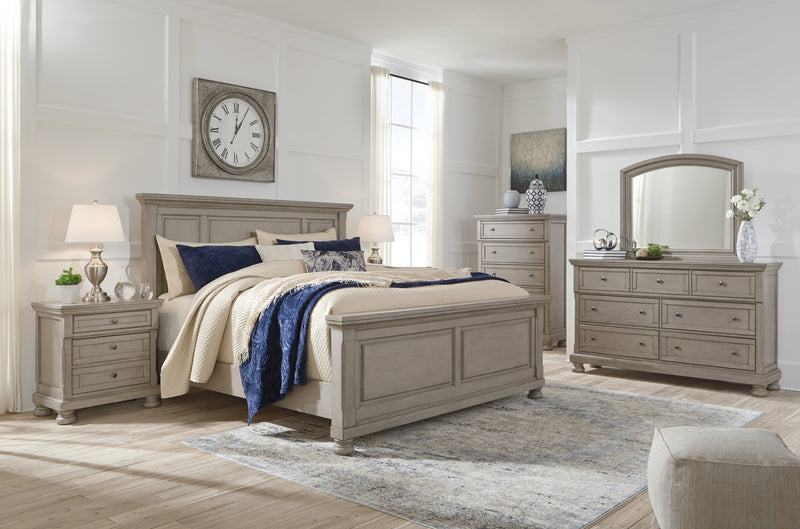 Lettner Light Gray Queen Panel Bed with Mirrored Dresser and 2 Nightstands from Ashley - Luna Furniture