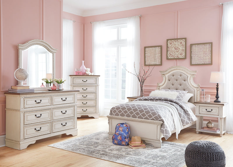 Realyn Two-tone Twin Upholstered Panel Bed and Nightstand from Ashley - Luna Furniture