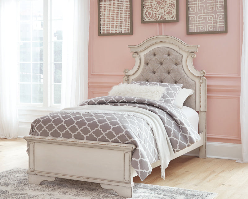 Realyn Two-tone Twin Upholstered Panel Bed and Nightstand from Ashley - Luna Furniture