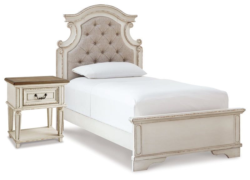 Realyn Two-tone Twin Upholstered Panel Bed and Nightstand from Ashley - Luna Furniture