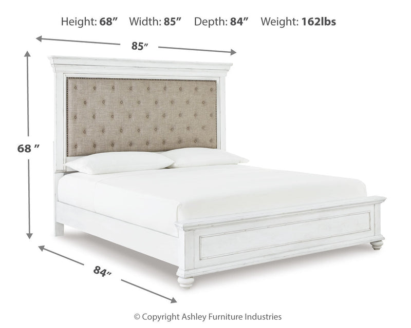 Kanwyn Whitewash King Upholstered Panel Bed, Dresser and Nightstand from Ashley - Luna Furniture