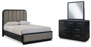Rowanbeck Gray/Black Queen Upholstered Panel Bed with Mirrored Dresser from Ashley - Luna Furniture