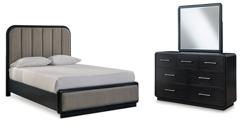 Rowanbeck Gray/Black Queen Upholstered Panel Bed with Mirrored Dresser from Ashley - Luna Furniture