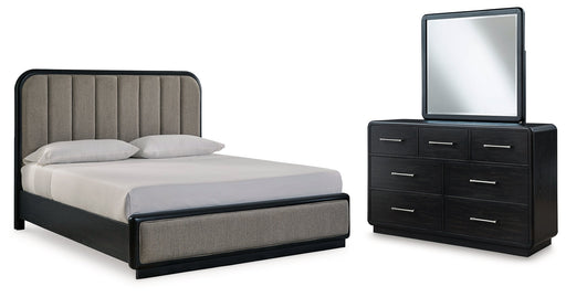 Rowanbeck King Upholstered Panel Bed with Mirrored Dresser from Ashley - Luna Furniture