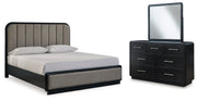 Rowanbeck Gray/Black California King Upholstered Panel Bed with Mirrored Dresser from Ashley - Luna Furniture