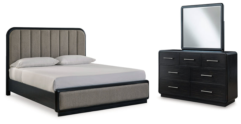 Rowanbeck Gray/Black California King Upholstered Panel Bed with Mirrored Dresser from Ashley - Luna Furniture