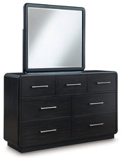 Rowanbeck Gray/Black Queen Upholstered Panel Bed with Mirrored Dresser from Ashley - Luna Furniture