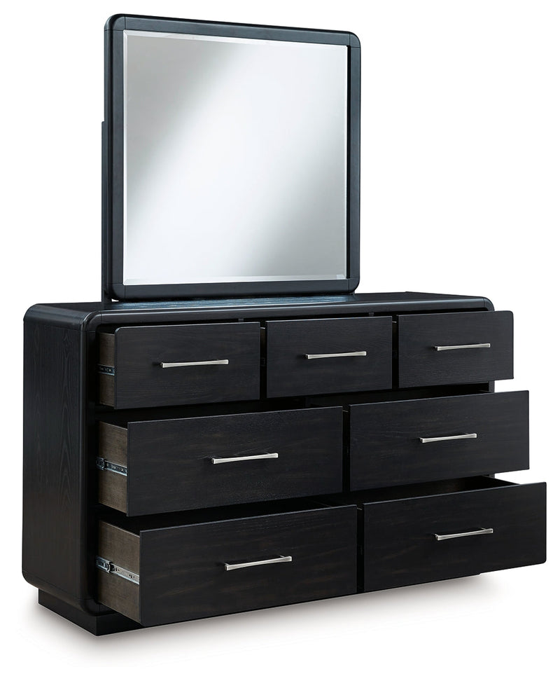 Rowanbeck Gray/Black California King Upholstered Panel Bed with Mirrored Dresser from Ashley - Luna Furniture