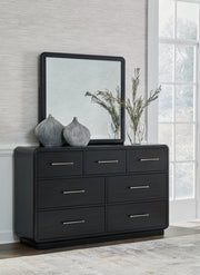 Rowanbeck Gray/Black Queen Upholstered Panel Bed with Mirrored Dresser from Ashley - Luna Furniture
