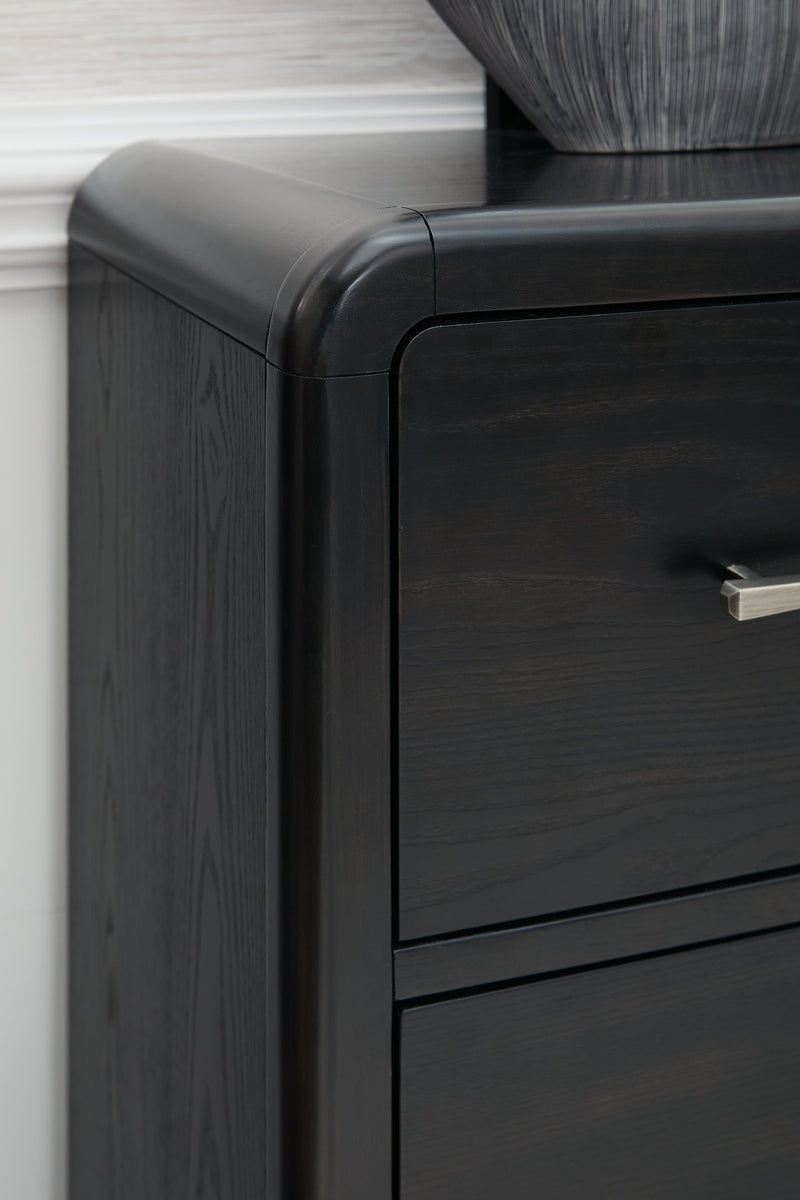 Rowanbeck Gray/Black California King Upholstered Panel Bed with Mirrored Dresser from Ashley - Luna Furniture