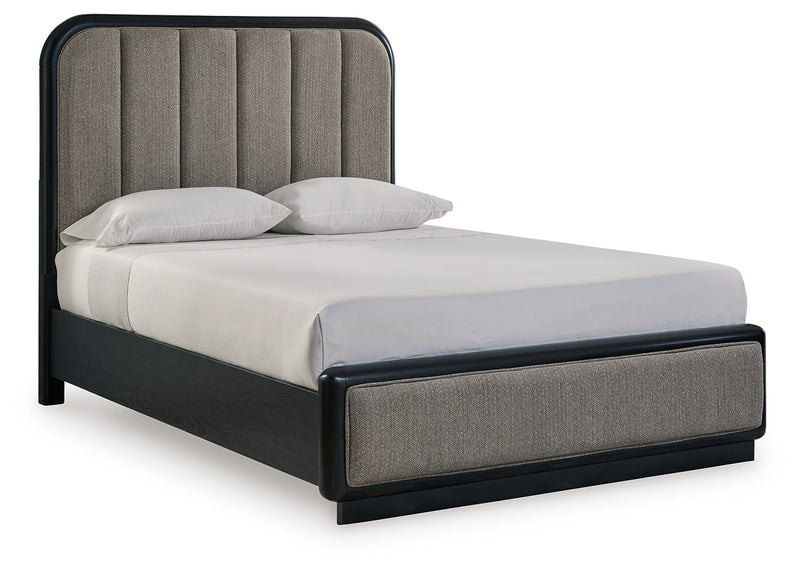 Rowanbeck Gray/Black Queen Upholstered Panel Bed with Mirrored Dresser from Ashley - Luna Furniture
