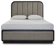 Rowanbeck Gray/Black Queen Upholstered Panel Bed with Mirrored Dresser from Ashley - Luna Furniture