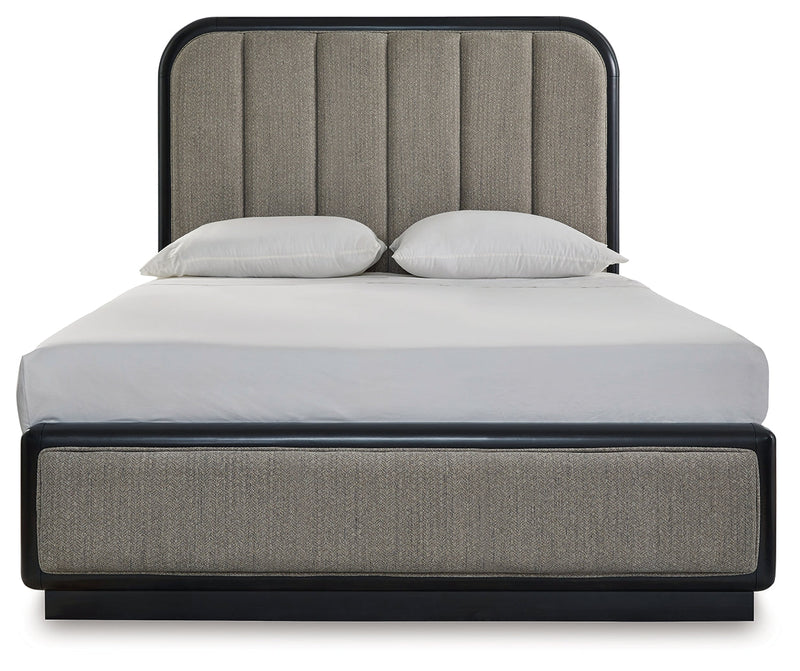 Rowanbeck Gray/Black Queen Upholstered Panel Bed with Mirrored Dresser from Ashley - Luna Furniture