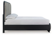 Rowanbeck Gray/Black Queen Upholstered Panel Bed with Mirrored Dresser from Ashley - Luna Furniture