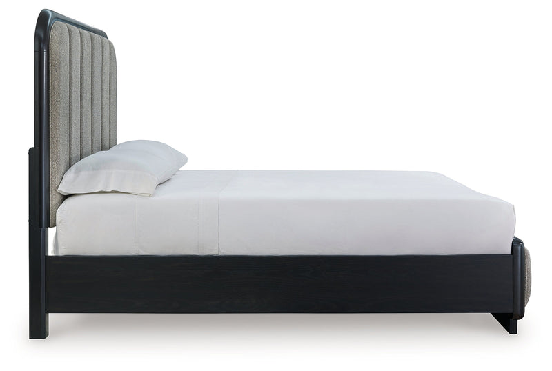 Rowanbeck Gray/Black Queen Upholstered Panel Bed with Mirrored Dresser from Ashley - Luna Furniture