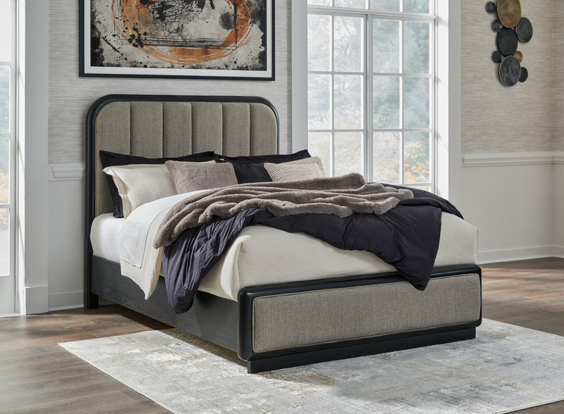 Rowanbeck Gray/Black Queen Upholstered Panel Bed with Mirrored Dresser from Ashley - Luna Furniture