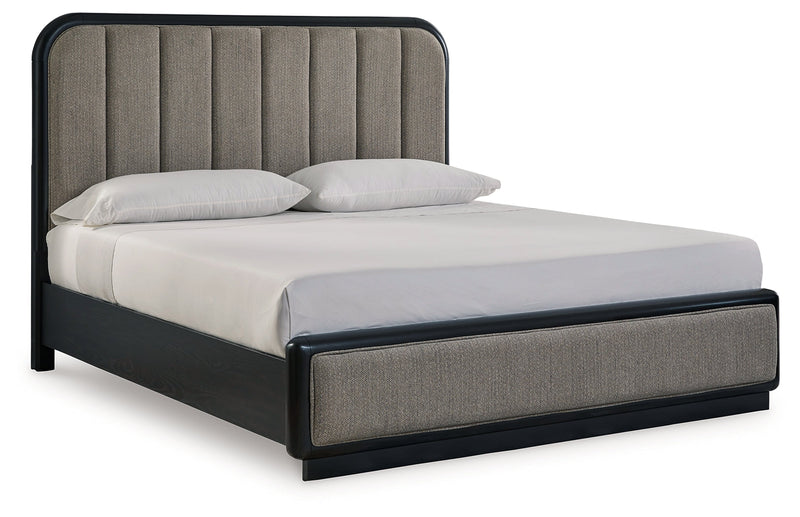 Rowanbeck Gray/Black California King Upholstered Panel Bed with Mirrored Dresser from Ashley - Luna Furniture