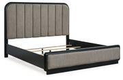 Rowanbeck Gray/Black California King Upholstered Panel Bed with Mirrored Dresser from Ashley - Luna Furniture