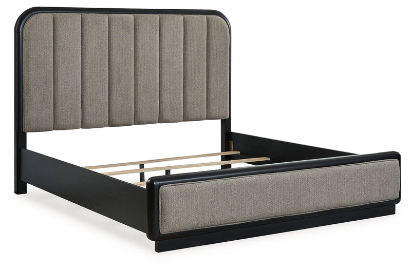 Rowanbeck Gray/Black California King Upholstered Panel Bed with Mirrored Dresser from Ashley - Luna Furniture