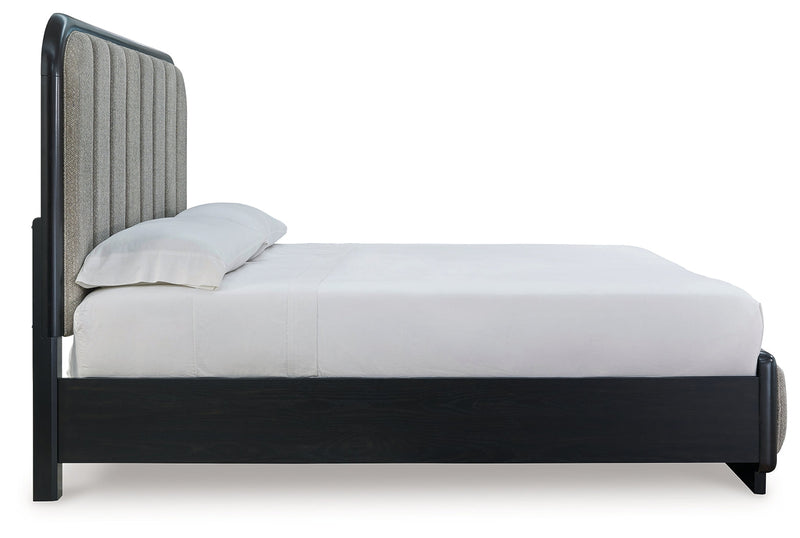 Rowanbeck King Upholstered Panel Bed with Mirrored Dresser from Ashley - Luna Furniture