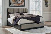 Rowanbeck Gray/Black California King Upholstered Panel Bed with Mirrored Dresser from Ashley - Luna Furniture