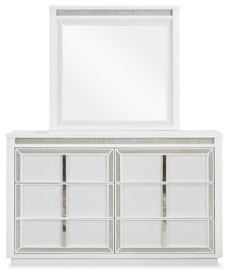 Chalanna White Queen Upholstered Storage Bed with Mirrored Dresser from Ashley - Luna Furniture