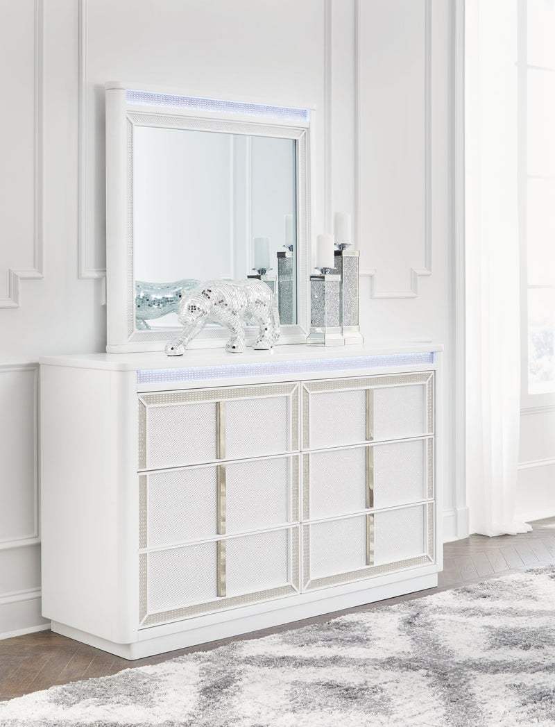 Chalanna White Queen Upholstered Storage Bed with Mirrored Dresser from Ashley - Luna Furniture