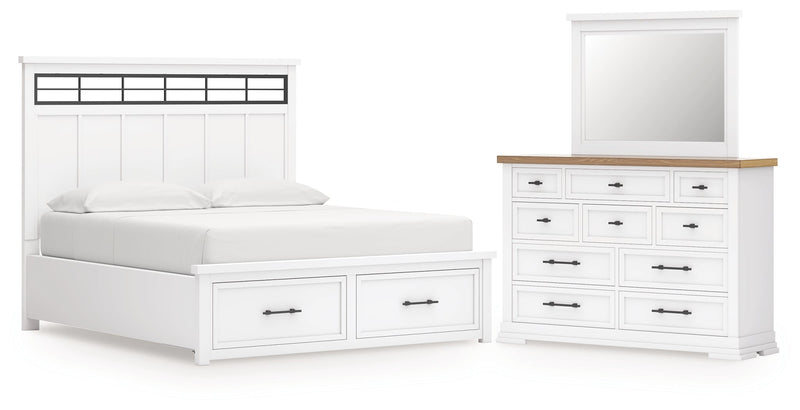 Ashbryn California King Panel Storage Bed, Dresser and Mirror in White/Natural from Ashley - Luna Furniture