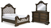 Maylee Dark Brown California King Upholstered Bed with Mirrored Dresser from Ashley - Luna Furniture