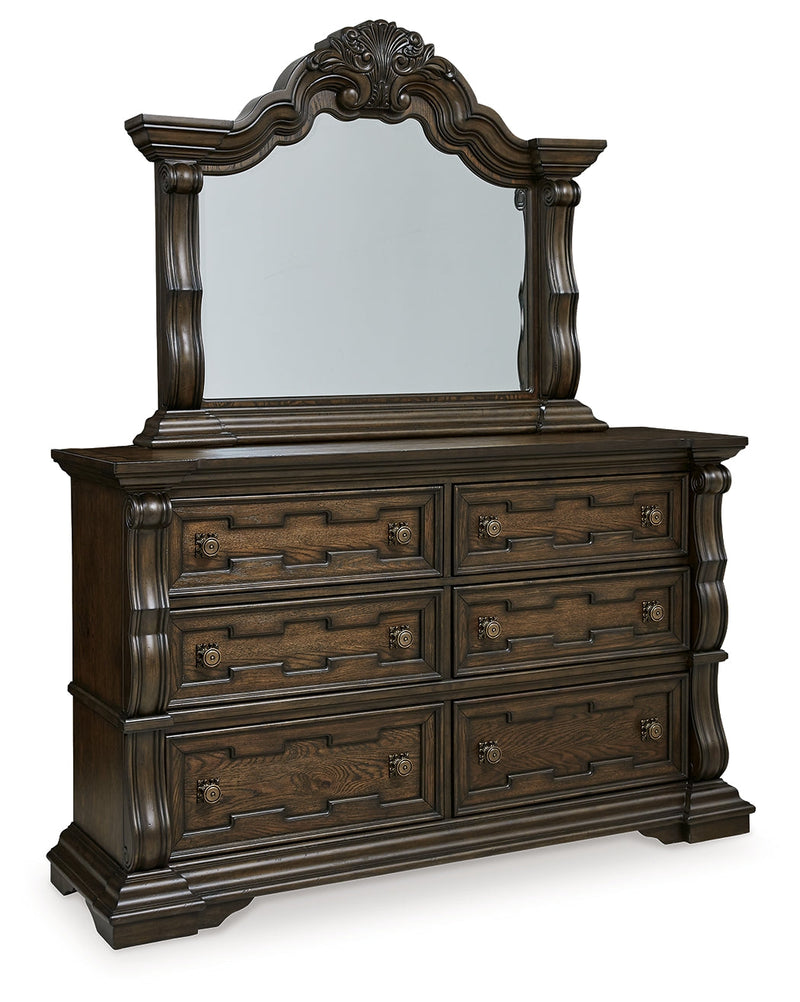 Maylee Dark Brown King Upholstered Bed with Mirrored Dresser from Ashley - Luna Furniture