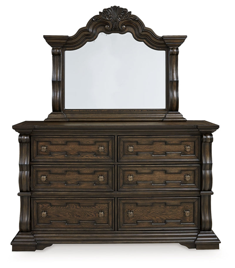 Maylee Dark Brown California King Upholstered Bed with Mirrored Dresser from Ashley - Luna Furniture