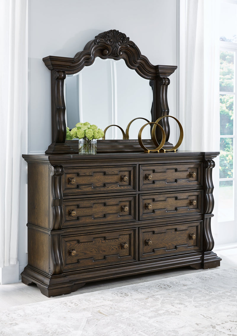 Maylee Dark Brown Queen Upholstered Bed with Mirrored Dresser from Ashley - Luna Furniture